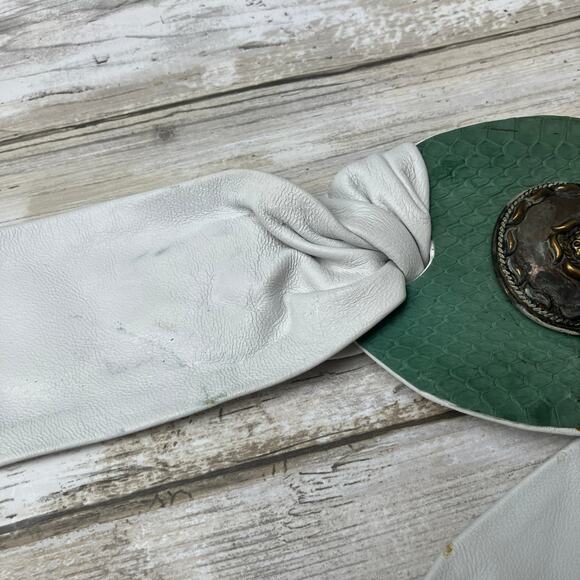 Handmade Leather Belt OOAK Tie Wrap 39” White Green Reptile Earthy Boho Western - Picture 11 of 12